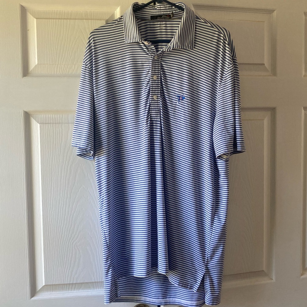 RLX Ralph Lauren Golf Polo Men’s Large Blue and White Striped Performance